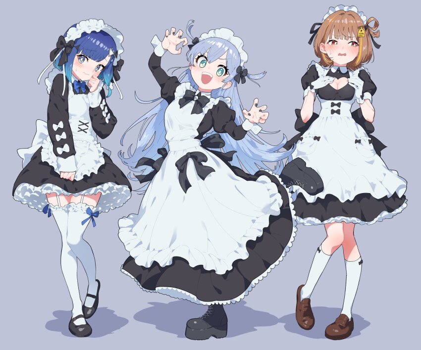 3girls, alternate_costume, apron, black_dress, black_nails, black_shoes, blue_eyes, blue_hair
