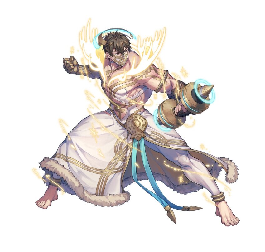 1boy, abs, attack, barefoot, biceps, body_markings, brown_eyes, brown_hair, collarbone, dumbbell, eikthyrnir_(fire_emblem), eikthyrnir_(resolved_to_train)_(fire_emblem), fighting_stance, fingerless_gloves, fire_emblem, fire_emblem_heroes, full_body, gloves, golden_arms, headdress, holding, holding_dumbbell, large_pectorals, male_focus, mask, mouth_mask, muscular, muscular_male, nintendo, nishiki_areku, official_alternate_costume, official_art, pants, pectorals, short_hair, simple_background, solo, toga, white_background, white_pants