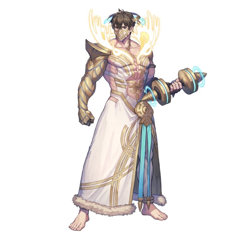 1boy, abs, barefoot, biceps, body_markings, brown_eyes, brown_hair, collarbone