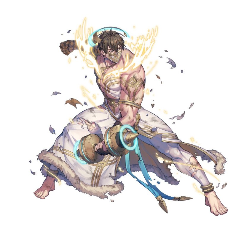 1boy, abs, barefoot, battle_damage, biceps, body_markings, brown_eyes, brown_hair