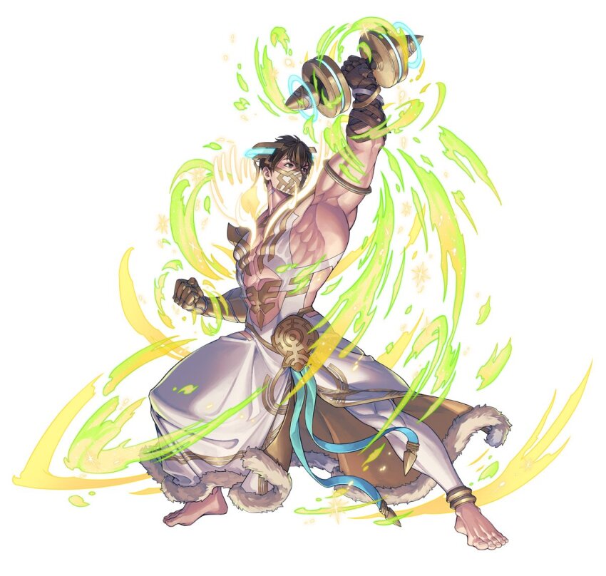 1boy, abs, arm_up, armpits, attack, barefoot, biceps, body_markings