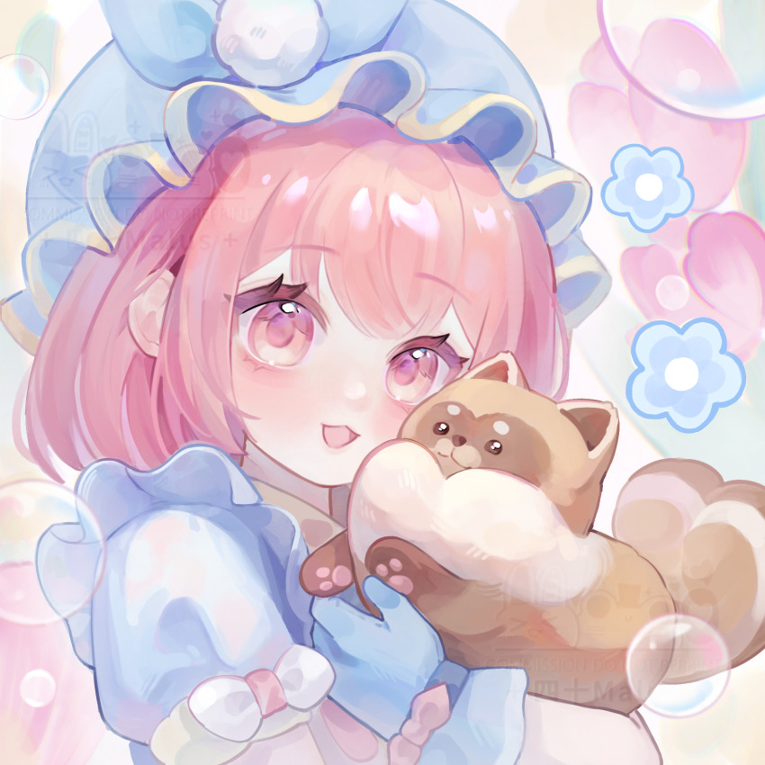 1girl, animal, apron, bibcoon_(infinity_nikki), blue_bow, blue_flower, blue_gloves, blue_hat, blue_shirt, bow, brown_eyes, bubble, bye-bye_dust_(infinity_nikki), eyelashes, floral_background, flower, frilled_apron, frilled_headwear, frills, gloves, hair_between_eyes, hat, hat_bow, highres, holding, holding_animal, infinity_nikki, light_blush, lips, medium_hair, mob_cap, nikki_(series), open_mouth, pink_bow, pink_flower, pink_hair, pom_pom_hat_ornament, puffy_short_sleeves, puffy_sleeves, raccoon, shirt, short_sleeves, sishi_malus, sleeve_bow, smile, solo, upper_body, watermark, white_bow, wrist_bow, yellow_apron