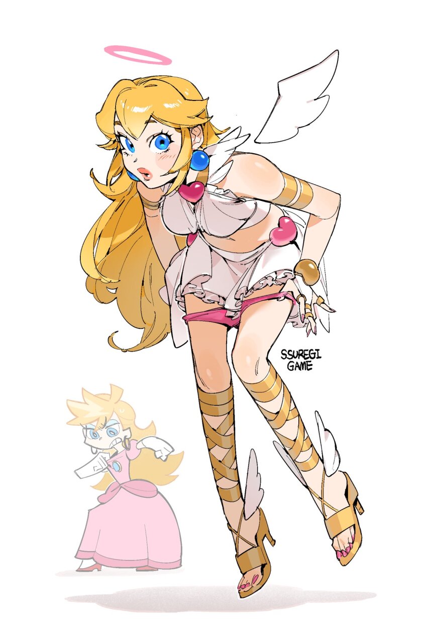 2girls, angel_wings, armlet, artist_name, blonde_hair, blue_eyes, blush, commentary_request