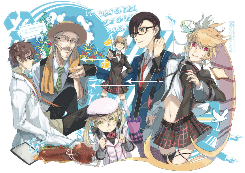 3boys, 3girls, ahoge, alternate_costume, alternate_hairstyle, alvin_(school_uniform)_(tales), alvin_(tales), asymmetrical_clothes