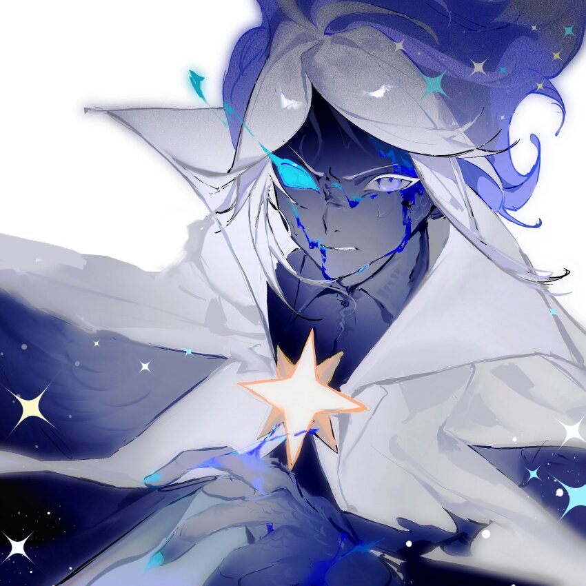 1boy, angry, antenna_hair, aqua_nails, aqua_sclera, black_cloak, black_shirt, black_skin, blood, blood_on_face, blood_on_hands, blue_blood, blue_eyes, blue_hair, brooch, clenched_teeth, cloak, collared_cloak, collared_shirt, colored_eyelashes, colored_sclera, colored_skin, cookie_run, cookie_run:_kingdom, film_grain, from_above, hand_up, heterochromia, highres, humanization, jewelry, letty2507, looking_at_viewer, male_focus, mismatched_eyelashes, multicolored_hair, nail_polish, parted_bangs, shirt, short_hair, sidelocks, simple_background, solo, sparkle, star_brooch, stardust_cookie, sweatdrop, teeth, two-tone_hair, upper_body, v-shaped_eyebrows, white_background, white_hair