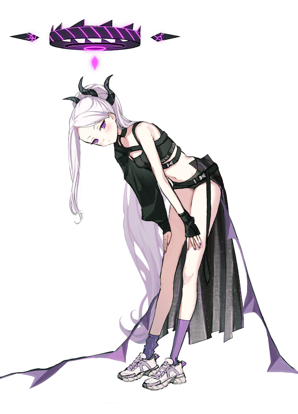 1girl, ahoge, bare_shoulders, black_bra, black_choker, black_gloves, black_halo, black_horns