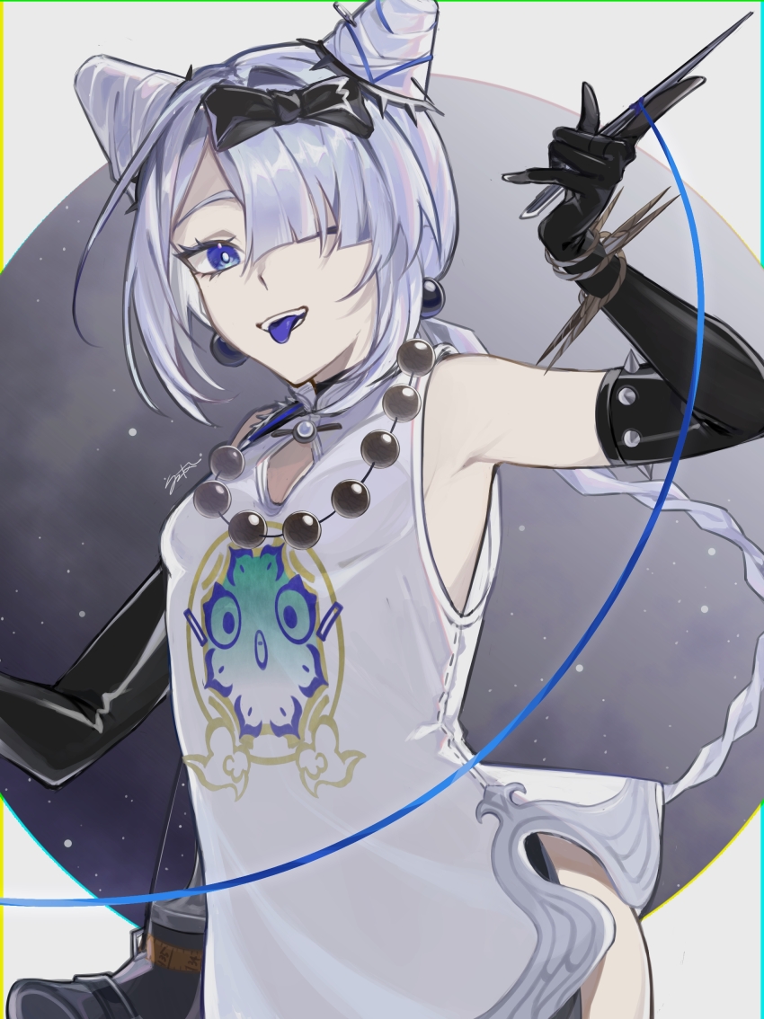 1girl, ;p, absurdres, bare_shoulders, bead_necklace, beads, black_bow, black_gloves