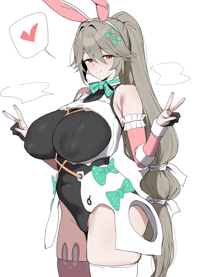 1girl, absurdres, alexandrina_sebastiane, animal_ears, aria_(zenless_zone_zero), aria_(zenless_zone_zero)_(cosplay), blush, bow, breasts, closed_mouth, cosplay, covered_erect_nipples, detached_sleeves, double_v, fake_animal_ears, gloves, grey_hair, hair_between_eyes, hair_ornament, heart, highres, huge_breasts, long_hair, looking_at_viewer, partially_fingerless_gloves, pink_sleeves, ponytail, rabbit_ears, red_eyes, simple_background, smile, solo, spoken_heart, thighs, v, white_background, xipa, zenless_zone_zero