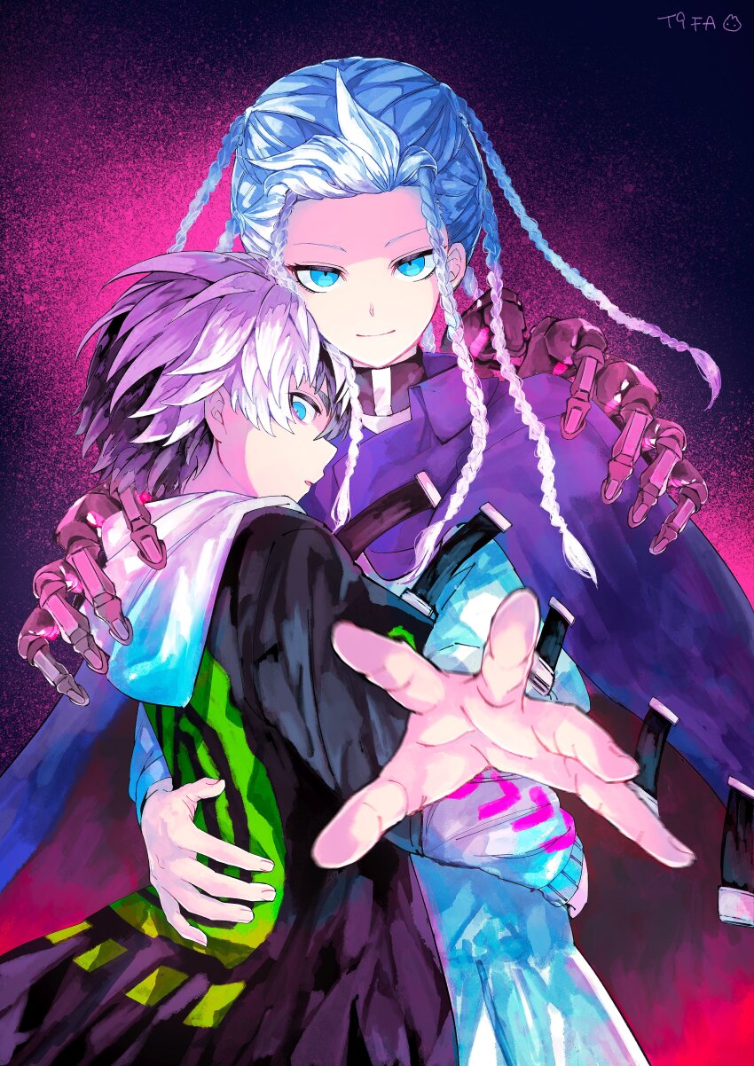 2boys, absurdres, black_hair, blue_eyes, braid, hand_on_another's_waist, highres, kuronaka_yo