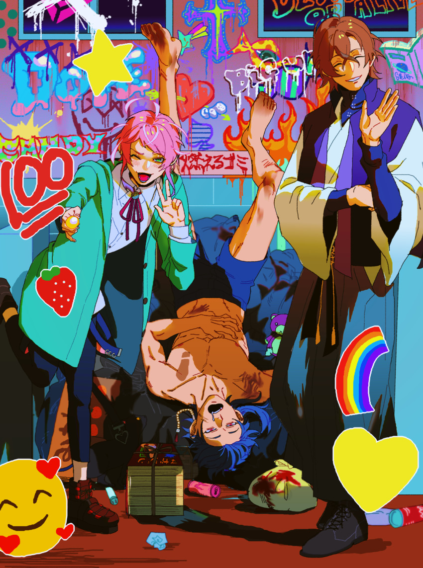 100_points_emoji, 3boys, :d, ^_^, ahoge, amemura_ramuda, ankle_boots, aqua_jacket, arisugawa_dice, arrow_through_heart, barefoot, black_capelet, black_male_underwear, black_pants, black_shirt, black_shoes, blood, blue_hair, book, book_stack, boots, boxers, brown_hair, can, candy, capelet, capri_pants, closed_eyes, cocked_eyebrow, collarbone, collared_shirt, colorful, cowlick, crossed_bangs, crumpled_paper, curtained_hair, dice_hair_ornament, dirty, dirty_feet, drink_can, drooling, emoji, energy_drink, facing_viewer, fang, fingernails, fire, fling_posse, food, foot_up, fruit, graffiti, green_eyes, grin, groin, groin_tendon, hair_ornament, hakama, hakama_pants, hand_on_own_arm, hand_on_own_stomach, hand_up, heart, high_collar, highres, holding, holding_candy, holding_food, hood, hooded_jacket, hypnosis_mic, iria59, jacket, japanese_clothes, kimono, lace-up_boots, leaning_forward, legs_up, long_sleeves, looking_at_viewer, lower_teeth_only, lying, male_focus, male_underwear, medium_hair, multiple_boys, neck_ribbon, nipples, on_back, one_eye_closed, open_clothes, open_jacket, open_mouth, outstretched_arm, pants, parted_hair, pectorals, pile_of_trash, pink_eyes, pink_hair, rainbow_emoji, raised_eyebrows, red_ribbon, ribbon, saturated, shirt, shoe_print, shoes, short_hair, short_hair_with_long_locks, sidelighting, smile, smiling_face_with_hearts_emoji, spade_(shape), standing, standing_on_one_leg, star_(symbol), strawberry, swept_bangs, teeth, toenails, topless_male, trash_bag, underwear, w, waving, white_kimono, wide_sleeves, yumeno_gentaro