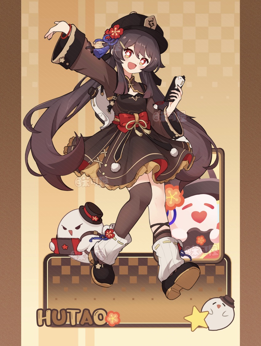 1girl, :d, absurdres, alternate_costume, arm_up, asymmetrical_legwear, bag, black_hair