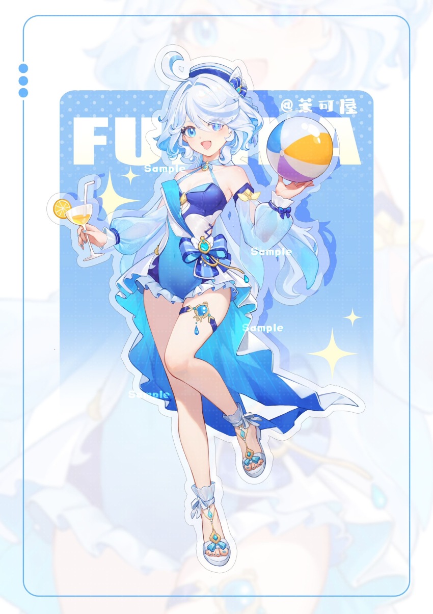 1girl, absurdres, ahoge, alternate_costume, ball, beachball, blue_eyes, blue_hair, blue_nails, bow, breasts, dafu_zhentan, drop-shaped_pupils, english_text, food, fruit, full_body, furina_(genshin_impact), genshin_impact, hair_over_one_eye, hat, heterochromia, highres, holding, leg_ribbon, lemon, lemon_slice, lemonade, looking_at_viewer, multicolored_hair, nail_polish, official_art, one-piece_swimsuit, open_mouth, ribbon, sandals, smile, solo, standing, swimsuit, symbol-shaped_pupils, toenail_polish, toenails, white_hair