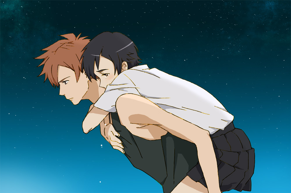 00s, 1boy, 1girl, bad_id, bad_pixiv_id, black_hair, blood+, carrying