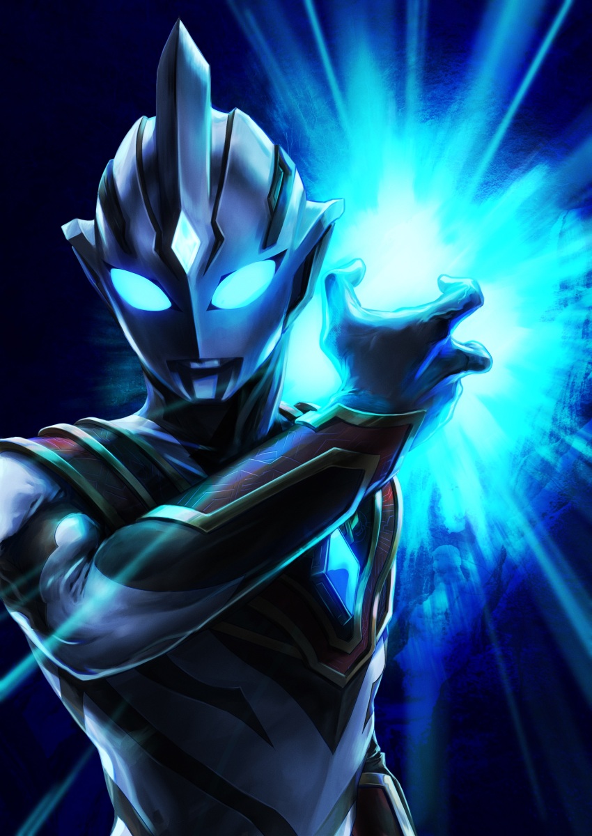 1boy, absurdres, alien, arm_guards, armor, black_skin, blue_eyes, blue_gem, breastplate, claw_pose, color_timer, colored_skin, commentary, compound_eyes, crystal, dark_background, doppelganger, dorsal_fin, energy, evil_trigger, facial_mark, forehead_jewel, gem, glowing, glowing_eyes, grey_skin, hand_up, highres, ks_(minusks), looking_down, male_focus, multicolored_skin, pectorals, powering_up, silver_skin, solo, stone_wall, tokusatsu, toned, toned_male, ultra_series, ultraman_trigger_(series), upper_body, veins, veiny_hands, wrinkled_skin