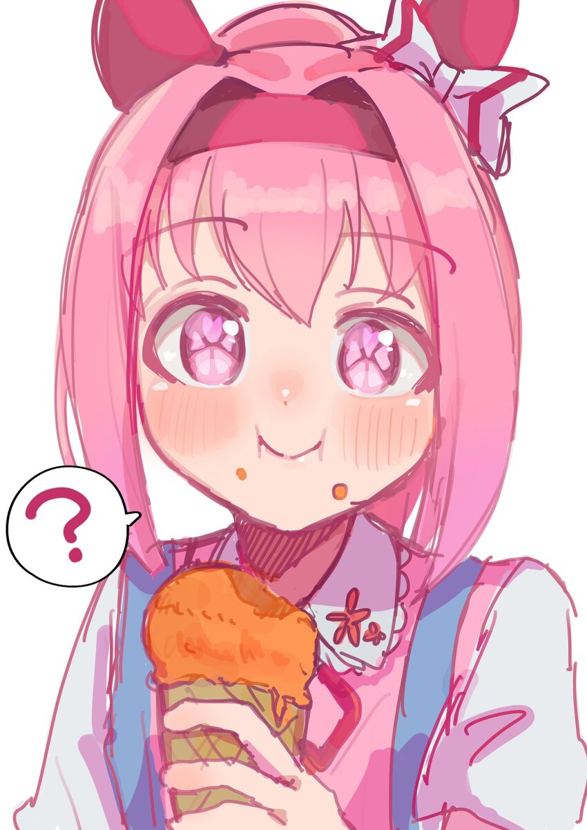 1girl, animal_ears, blush, bow, closed_mouth, collared_shirt, crumbs, ear_bow, ear_covers, eating, ewa_(ewa0310), flower_in_eye, food, hairband, haru_urara_(casual)_(umamusume), haru_urara_(umamusume), headband, highres, holding, holding_food, holding_ice_cream, horse_ears, horse_girl, ice_cream, ice_cream_cone, long_hair, pink_eyes, pink_hair, pink_shirt, ponytail, red_headband, shirt, short_sleeves, simple_background, smile, solo, suspenders, symbol_in_eye, umamusume, upper_body, white_background, white_shirt