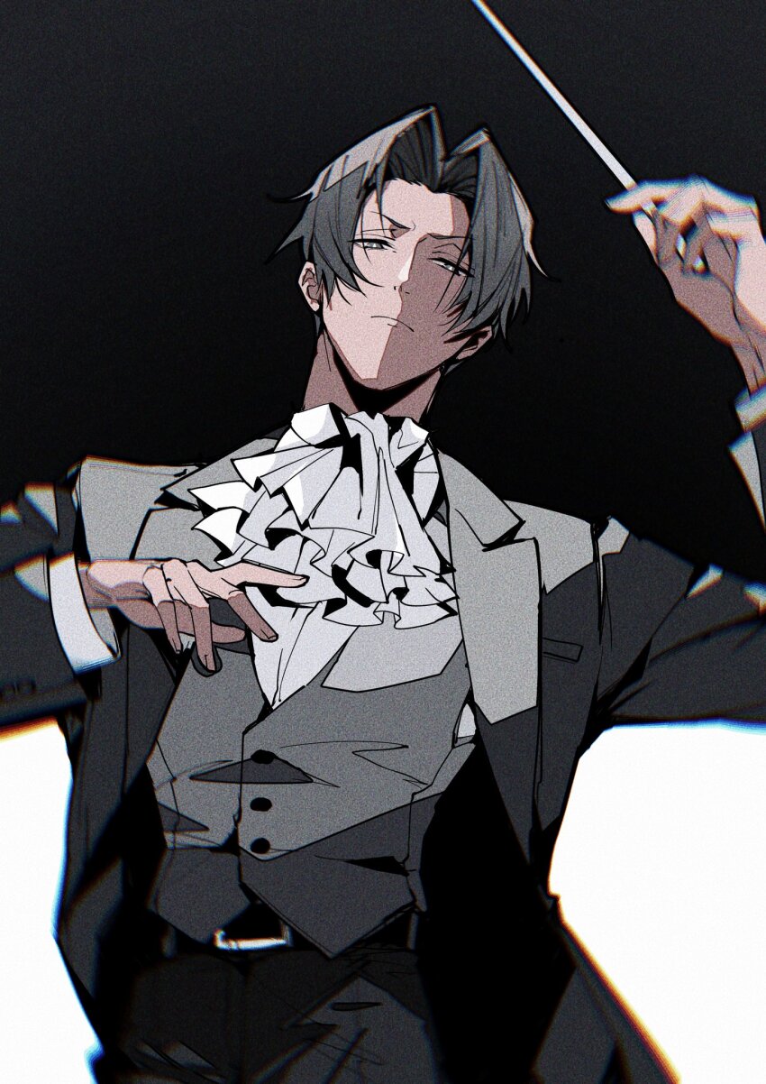 1boy, ace_attorney, ascot, belt, black_background, black_jacket, bright_pupils, c138300