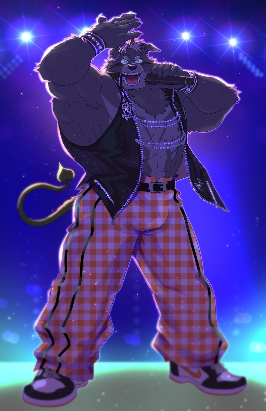 1boy, absurdres, amduscias_(housamo), baggy_pants, bara, black_shoes, bracelet, brooch