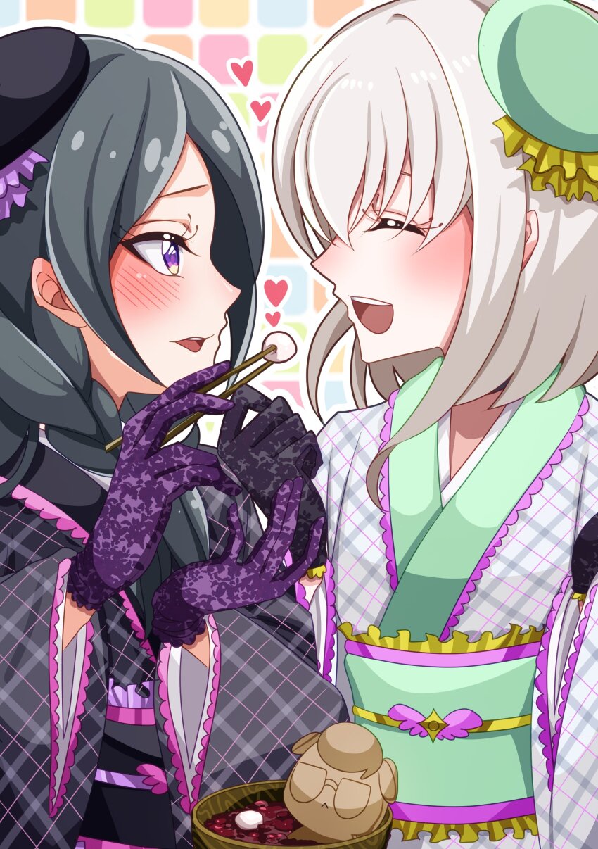 2girls, absurdres, black_hair, black_kimono, blonde_hair, blunt_bangs, blush, bob_cut, braid, chopsticks, closed_eyes, cup, dress, eyelashes, feeding, food, frilled_kimono, frills, gingham_clothes, gingham_dress, gloves, grid_background, half_gloves, hat_ornament, hat_pin, heart, heart-shaped_pupils, highres, holding, holding_chopsticks, holding_cup, itsuki_keiichi, japanese_clothes, kimi_to_idol_precure, kimono, lace, lace-trimmed_gloves, lace_gloves, lace_trim, long_hair, long_sleeves, low_twintails, meroron_(precure), mochi, multiple_girls, open_mouth, parted_bangs, plaid_clothes, plaid_dress, precure, profile, purirun_(precure), red_bean, short_hair, sideways, smile, symbol-shaped_pupils, tanaka_meron, tanaka_purin, tanakaan_(fairy)_(precure), thick_eyelashes, twin_braids, twintails, upper_body, white_kimono, zooming_in, zouni_soup