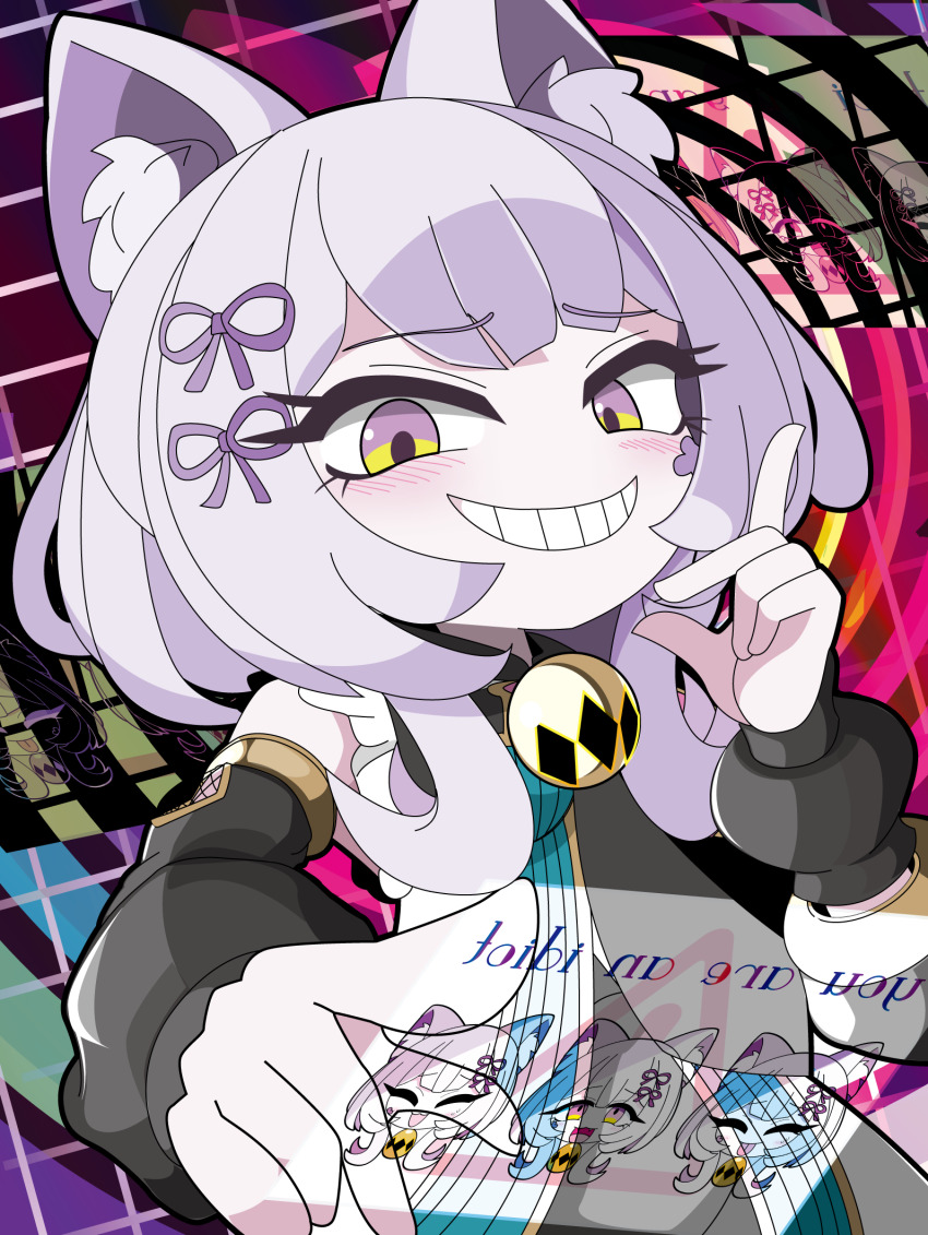 1girl, :3, abstract_background, animal_ear_fluff, animal_ears, backwards_text, bell, blue_shirt