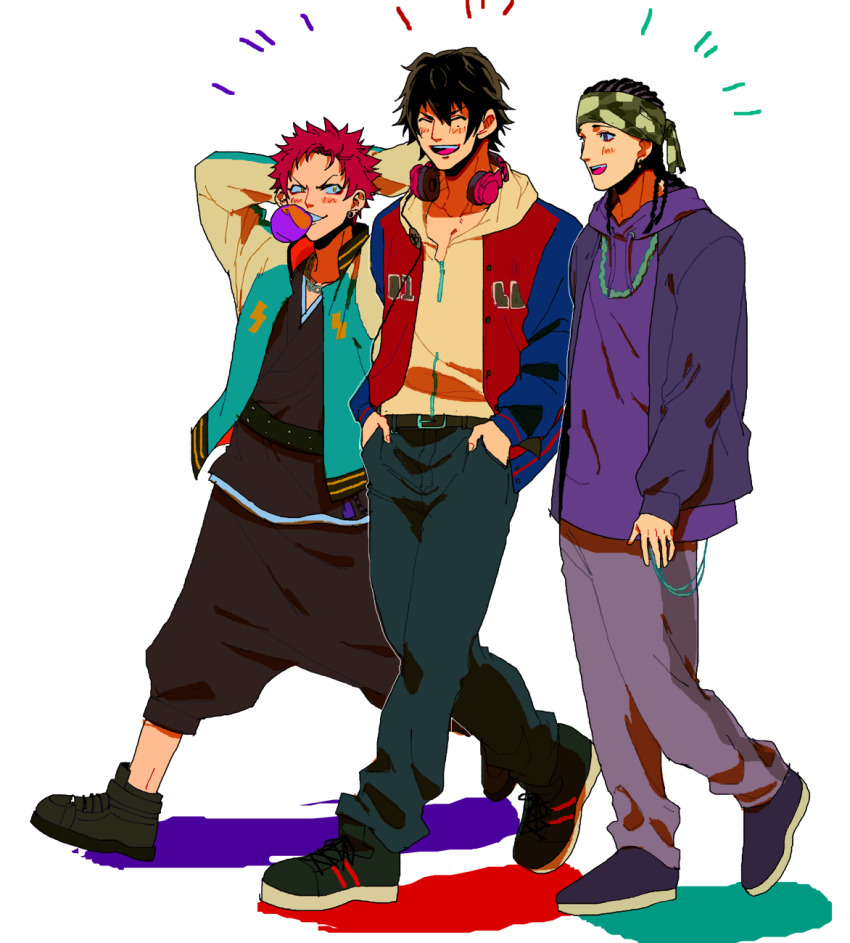 3boys, :d, ^_^, arms_at_sides, arms_behind_head, arms_up, bandana, belt