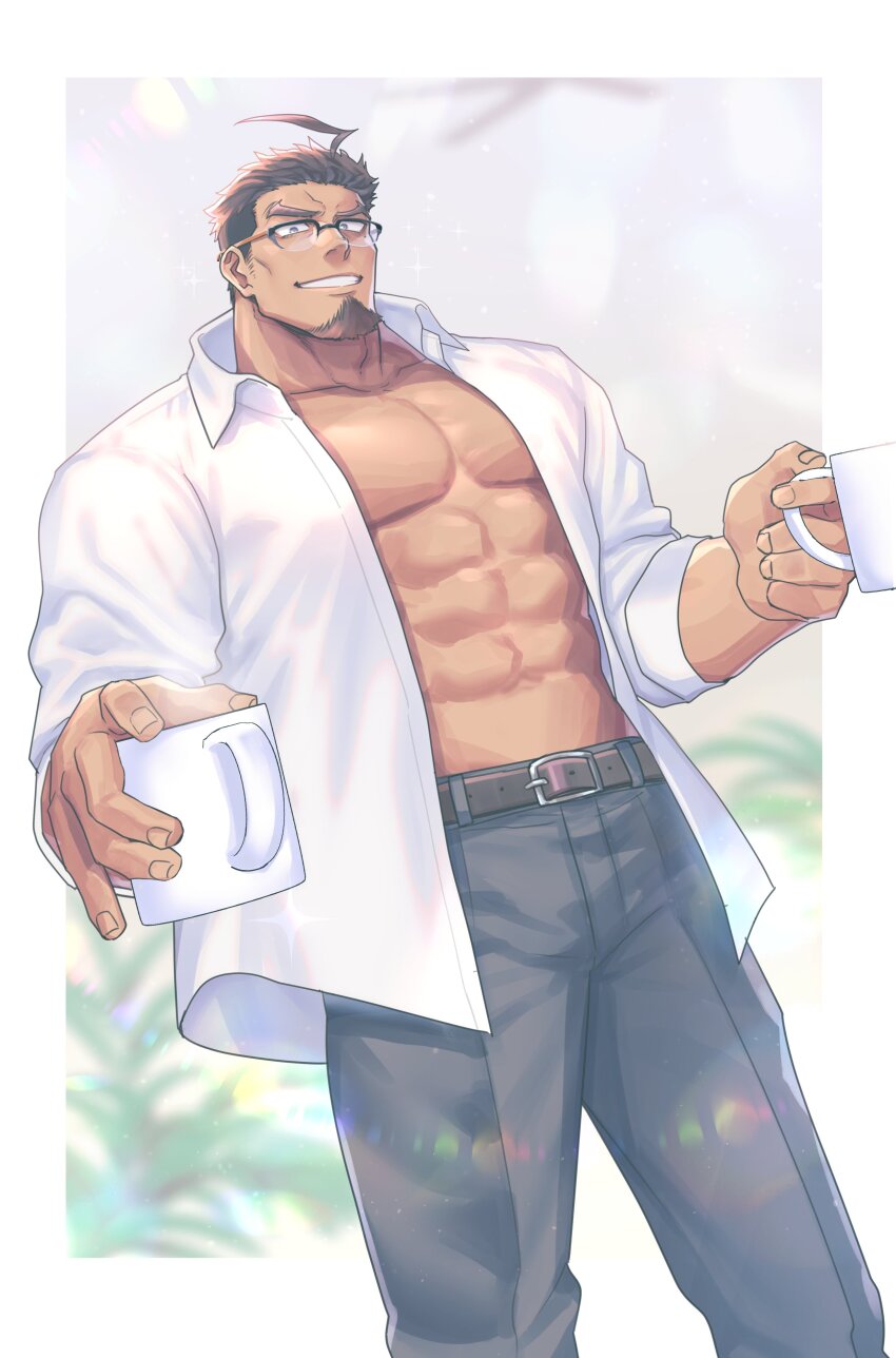 1boy, absurdres, bara, beard, belt, brown_hair, coffee_mug, commentary_request