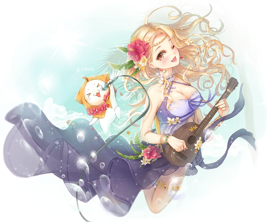 >_<, 1girl, a.tong, ahoge, animal, bare_legs, bare_shoulders, bikini