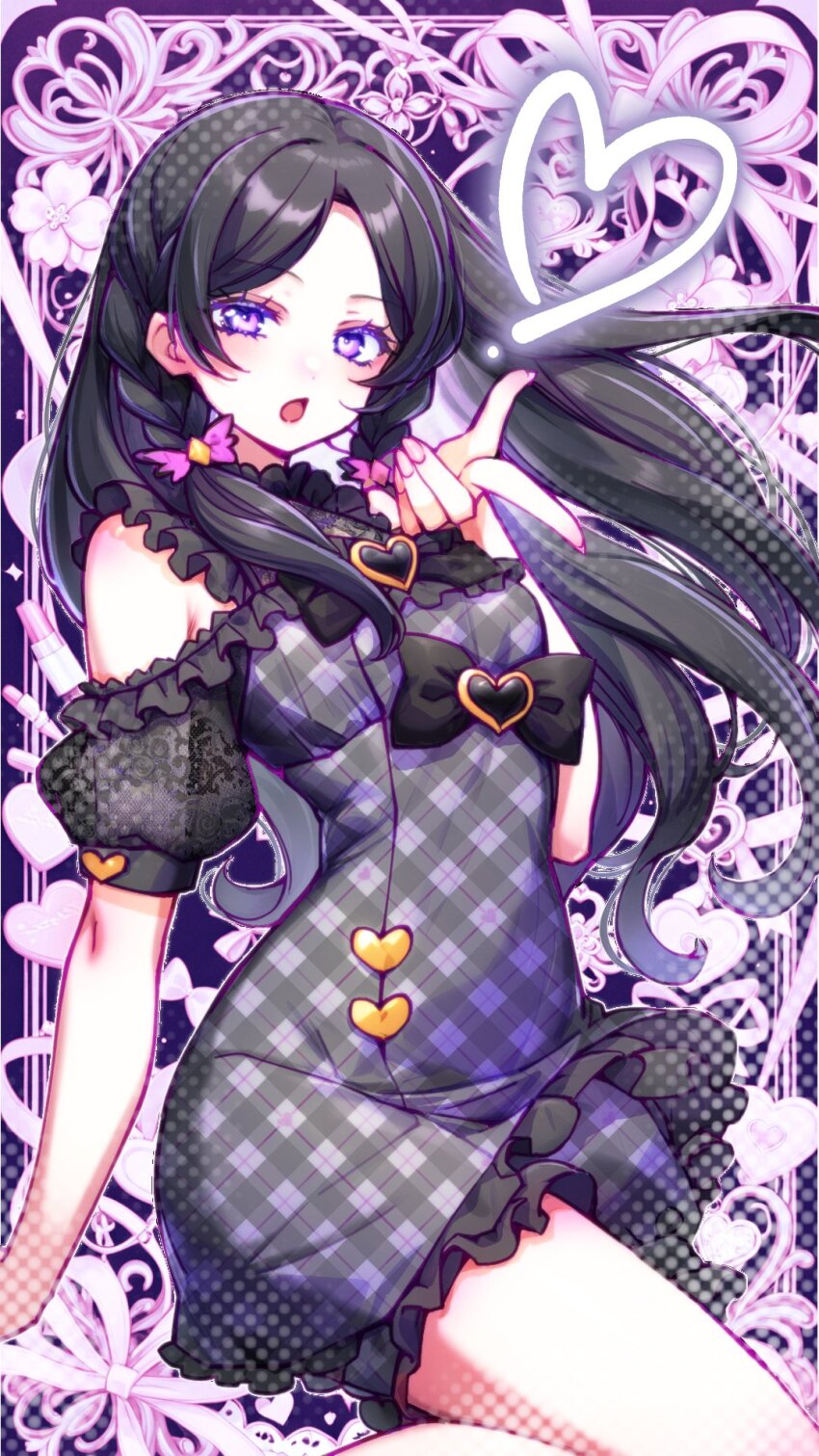 1girl, bare_arms, bare_legs, bare_shoulders, black_dress, black_hair, blowing_kiss, braid