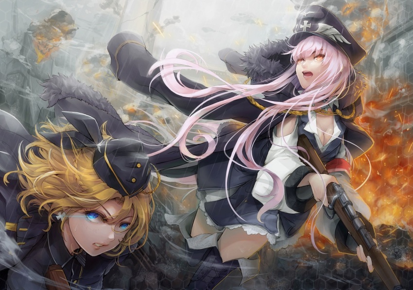 2girls, a.tong, armband, bare_shoulders, battle, black_boots, black_bow, black_coat