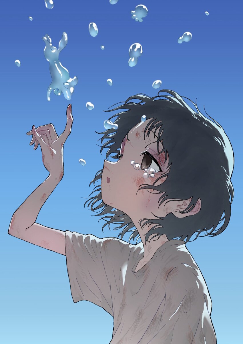 1girl, black_eyes, black_hair, blood, blood_on_face, blue_background, bruise, bruise_on_face, bruise_on_hand, bruised_eye, crying, crying_with_eyes_open, floating_hair, hand_up, highres, index_finger_raised, injury, kuze_shizuka, lazy_eye, looking_up, niboshidrip, shirt, short_hair, short_sleeves, simple_background, smile, solo, t-shirt, takopii_no_genzai, tears, upper_body, white_shirt