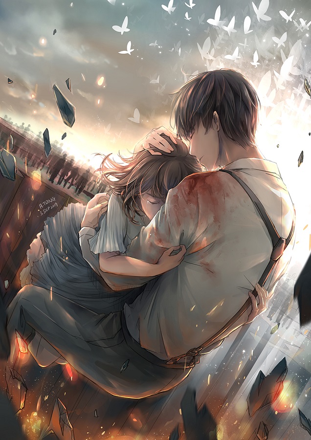 1boy, 1girl, a.tong, blood, blood_on_clothes, blood_stain, brown_hair, bug