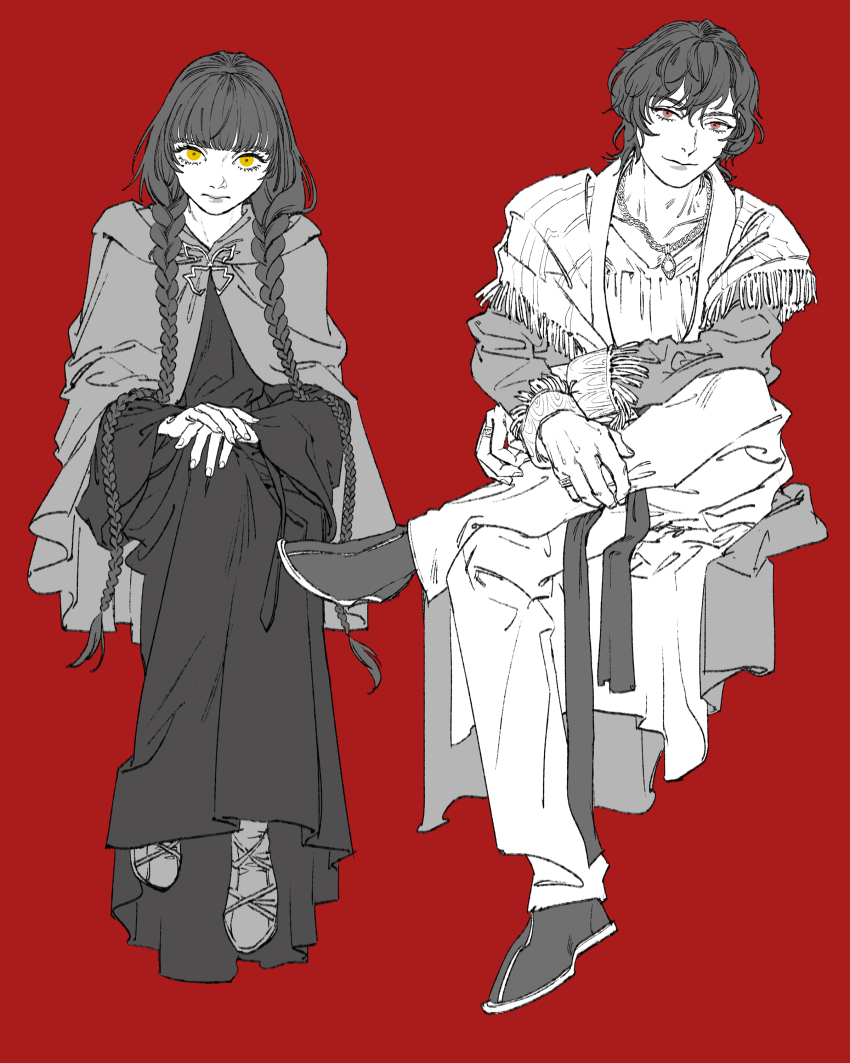 1boy, 1girl, absurdres, braid, brooch, brown_eyes, butterfly_brooch, cloak