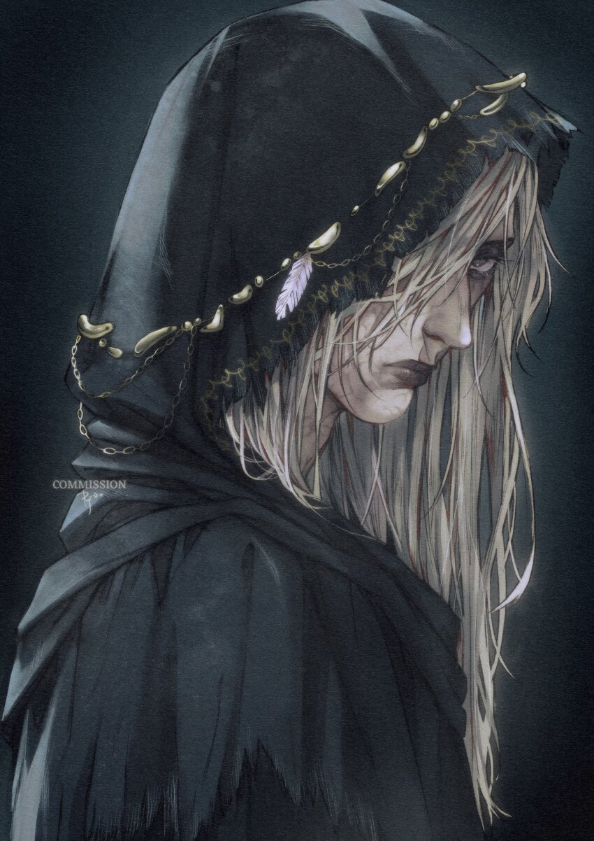 1boy, black_lips, black_robe, blonde_hair, dark_souls_(series), dark_souls_iii, highres, hood