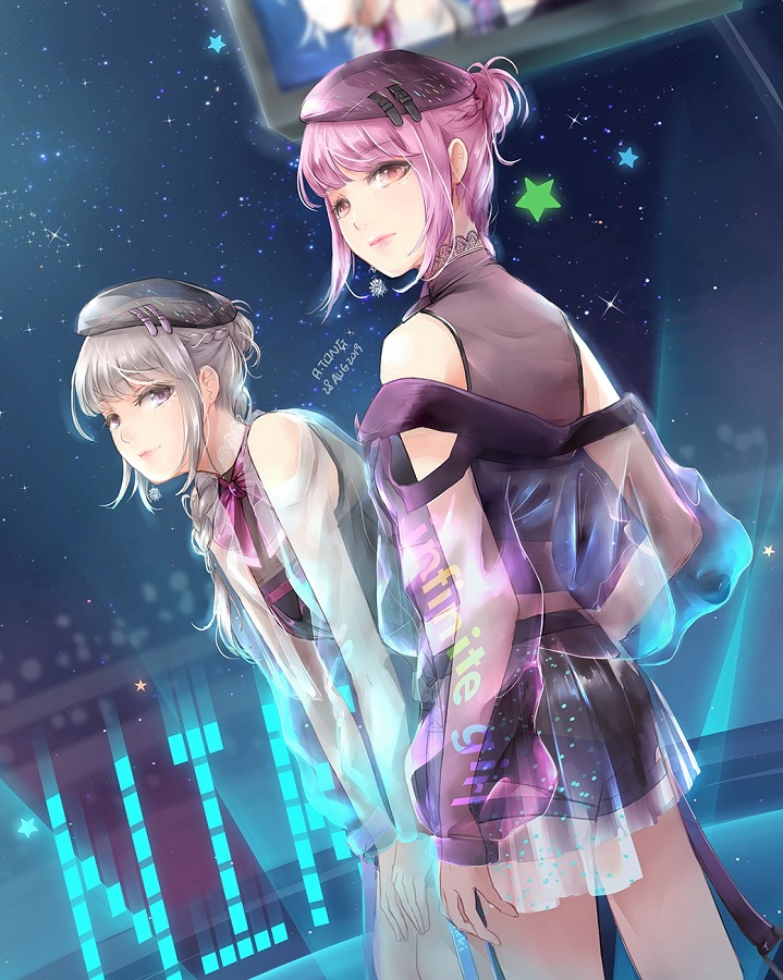 2girls, a.tong, audience, bare_legs, bare_shoulders, before_the_dawn_(shining_nikki), beret, black_bow