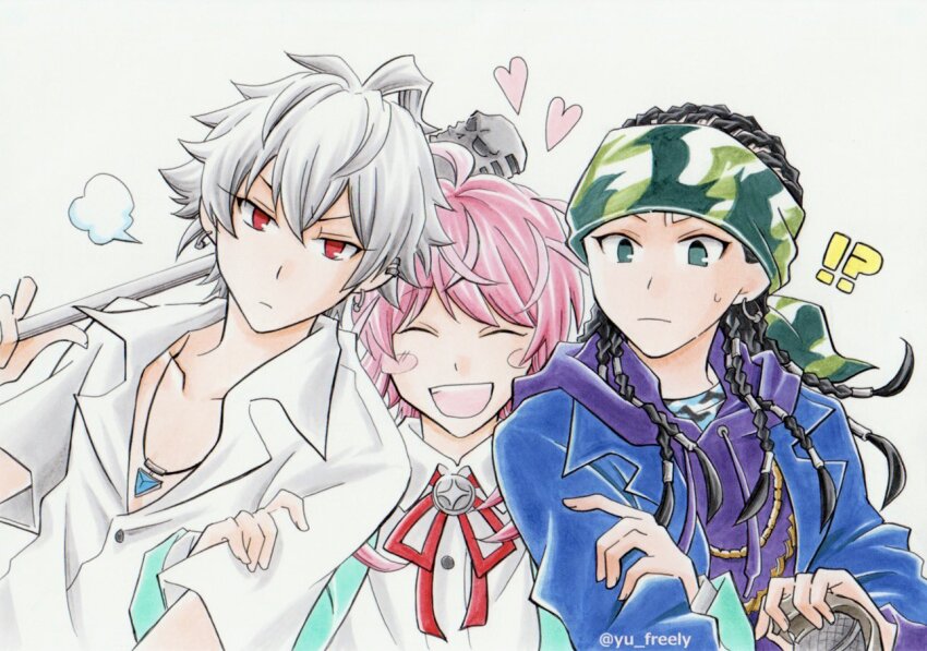 !?, 3boys, :d, ahoge, amemura_ramuda, antenna_hair, aohitsugi_samatoki, aqua_jacket