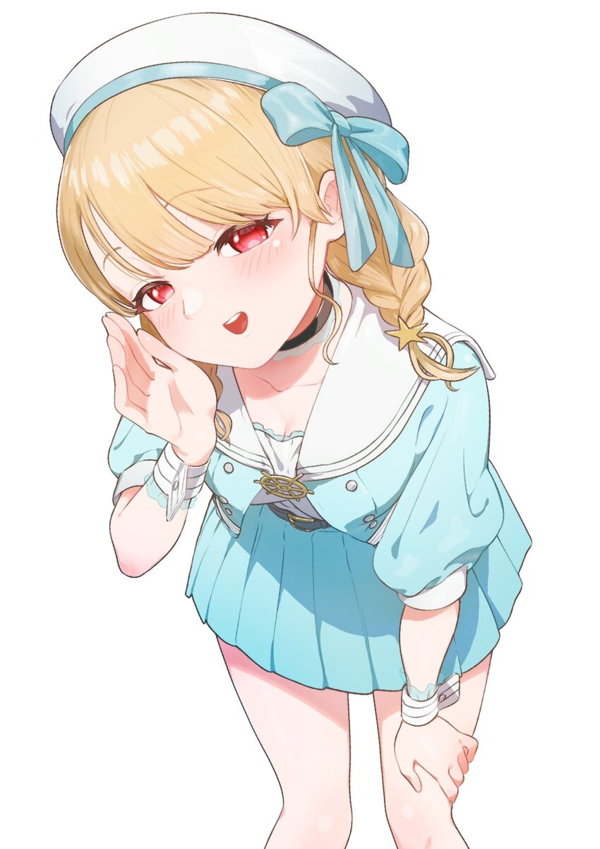 1girl, aqua_jacket, aqua_skirt, belt, bent_over, beret, blonde_hair, blush, braid, breasts, buttons, cleavage, cowboy_shot, cropped_jacket, double-breasted, hand_on_own_thigh, hand_up, hat, highres, jacket, kogara_toto, kogara_toto_(1st_costume), looking_at_viewer, lupinus_virtual_games, medium_breasts, medium_hair, miniskirt, niboshidrip, open_clothes, open_jacket, open_mouth, pleated_skirt, puffy_short_sleeves, puffy_sleeves, red_eyes, shirt, short_sleeves, simple_background, skirt, smile, solo, teeth, twin_braids, upper_teeth_only, virtual_youtuber, vspo!, white_background, white_hat, white_shirt, wrist_cuffs
