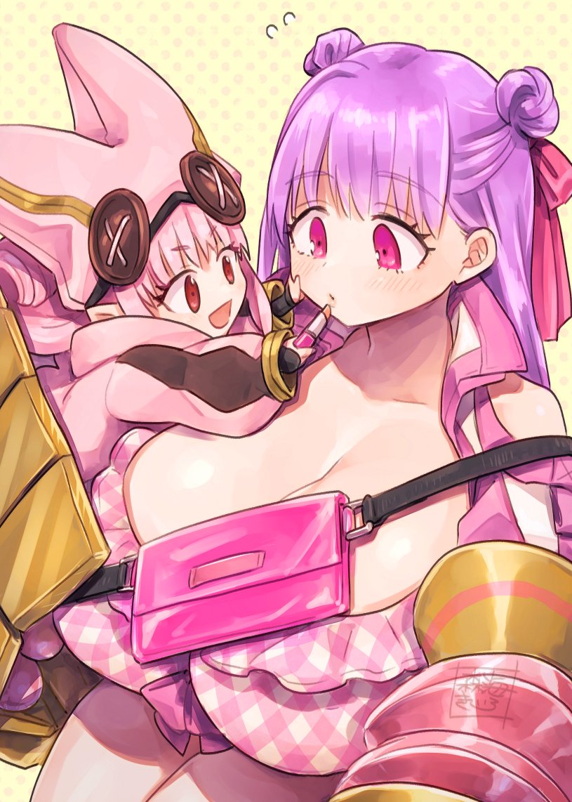 2girls, :d, applying_another's_makeup, applying_lipstick, applying_makeup, bag, bikini, breasts, claw_(weapon), clothing_cutout, commentary, cosmetics, double_bun, fate/grand_order, fate_(series), flying_sweatdrops, frilled_bikini, frills, habetrot_(fate), hair_bun, hair_ribbon, hand_on_another's_cheek, hand_on_another's_face, hat, holding, holding_lipstick_tube, huge_breasts, jacket, light_blush, lipstick, lipstick_tube, long_hair, long_sleeves, looking_at_another, looking_down, makeup, multiple_girls, open_clothes, open_jacket, open_mouth, outstretched_arms, passionlip_(swimsuit_saber)_(first_ascension)_(fate), passionlip_(fate), pink_bag, pink_bikini, pink_eyes, pink_hair, pink_hat, pink_jacket, pink_ribbon, plaid_bikini, plaid_clothes, polka_dot, polka_dot_background, popped_collar, purple_hair, red_eyes, ribbon, shinkai_kiiro, shoulder_cutout, smile, swimsuit, weapon, yellow_background
