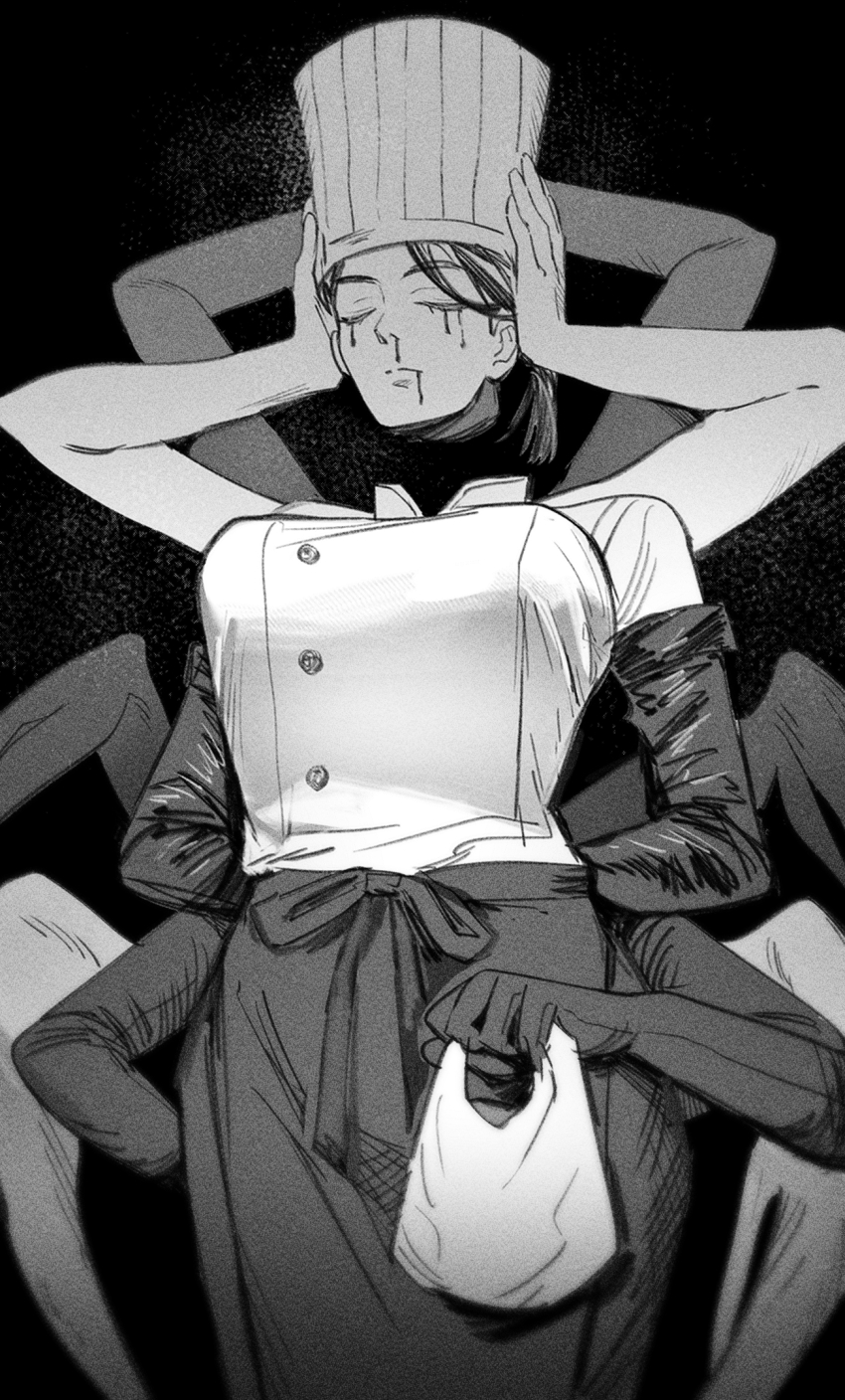 1girl, arms_behind_back, arms_up, bag, black_background, blood, blood_from_mouth, bloody_tears