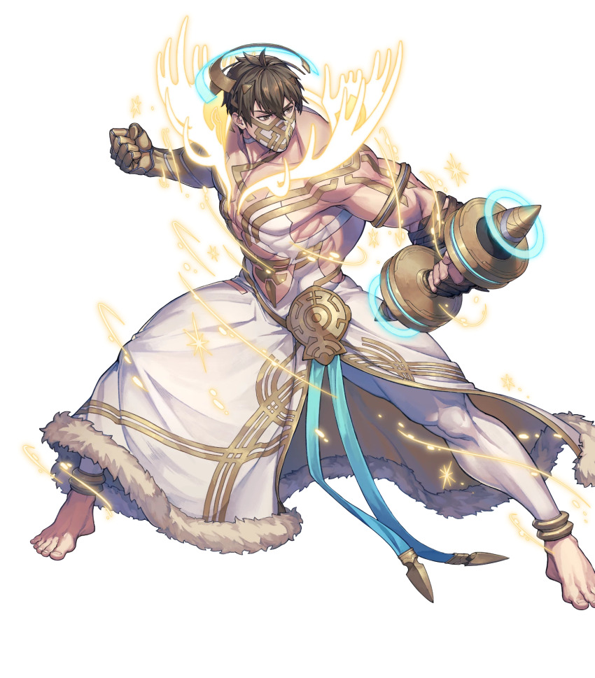 1boy, attack, barefoot, brown_eyes, brown_hair, cosplay, deer_boy, dumbbell