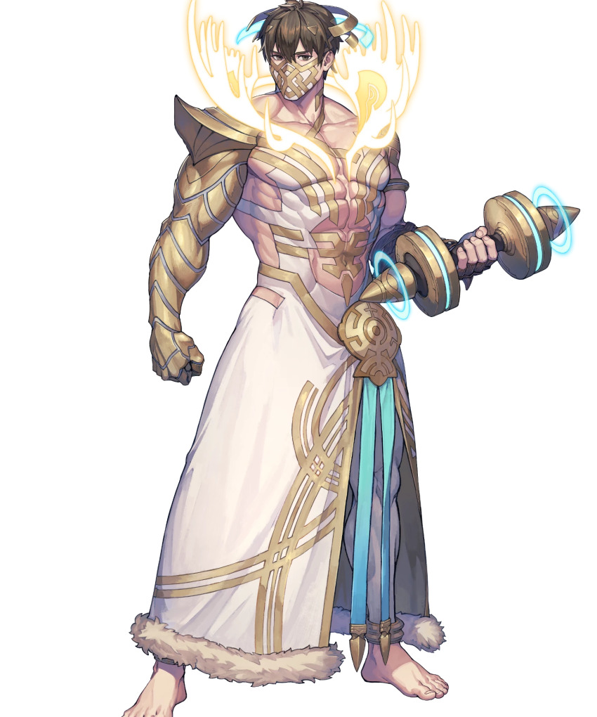 1boy, barefoot, brown_eyes, brown_hair, cosplay, deer_boy, dumbbell, eikthyrnir_(fire_emblem)