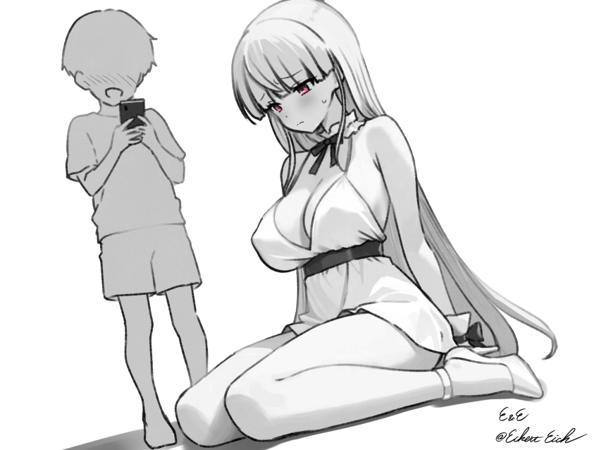 1boy, 1girl, alternate_costume, bare_shoulders, blunt_bangs, blush, breasts, cellphone, cleavage, closed_mouth, commentary, dress, eckert&amp;eich, faceless, faceless_male, greyscale, high_heels, highres, holding, holding_phone, kantai_collection, kirov_(kancolle), long_hair, monochrome, neck_ribbon, nose_blush, phone, pink_eyes, ribbon, shirt, shorts, simple_background, sitting, sleeveless, sleeveless_dress, smartphone, spot_color, standing, sweat, twitter_username, very_long_hair