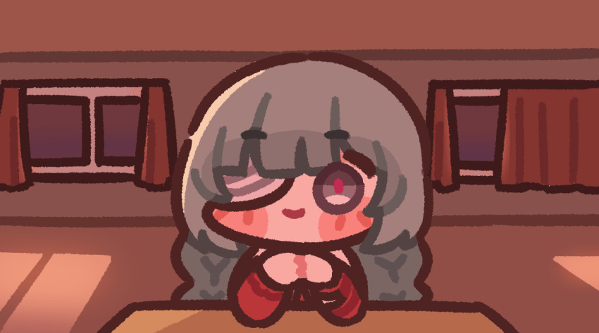 bandage_over_one_eye, blush_stickers, bugi_33, chibi, chibi_only, doki_doki_literature_club, facing_viewer, indoors