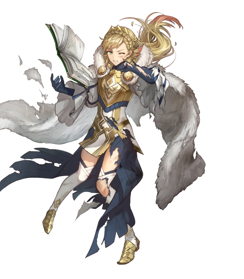1girl, armor, blonde_hair, blue_gloves, book, breastplate, cape, clenched_teeth