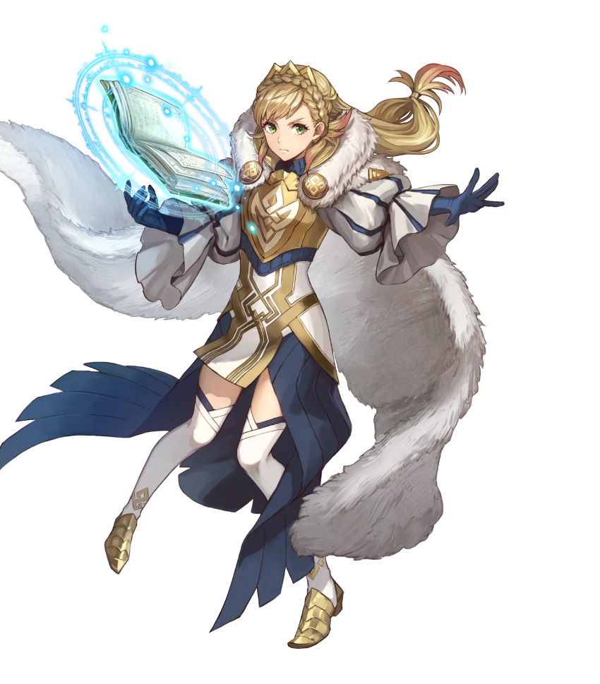 1girl, armor, attack, blonde_hair, blue_gloves, book, breastplate, cape