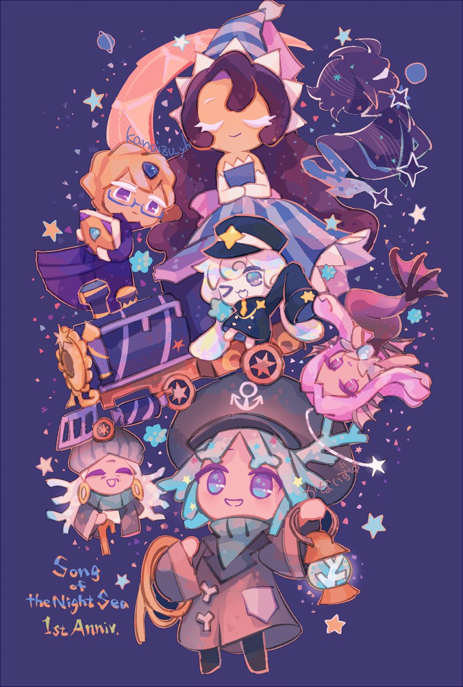 >_o, 1boy, 6+girls, :d, alt_text, anniversary, artist_name, bare_shoulders, black_hair, black_hat, black_jacket, black_pants, blue_dress, blue_hair, blue_hat, blueberry_pie_cookie, book, brother_and_sister, brown_hair, buttons, cape, closed_eyes, closed_mouth, colored_skin, commentary, cookie_run, cookie_run:_kingdom, crescent, double-breasted, dress, english_commentary, facing_viewer, fins, full_body, gloves, grandmother_and_granddaughter, grey_jacket, hair_ornament, hat, head_fins, highres, holding, holding_book, holding_lantern, holding_rope, jacket, kanaizu_yh, lantern, long_dress, long_hair, long_sleeves, looking_at_another, looking_at_viewer, looking_up, low_twintails, mermaid, milky_way_cookie, monster_girl, moonlight_cookie, multiple_girls, mystic_opal_cookie, necktie, one_eye_closed, open_mouth, orange_necktie, own_hands_together, pants, petticoat, purple_background, purple_eyes, purple_hair, rope, shadow_of_a_star, short_hair, siblings, simple_background, sleeves_past_fingers, sleeves_past_wrists, slit_pupils, smile, sparkle, star_(symbol), star_coral_cookie, star_hair_ornament, stardust_cookie, strapless, strapless_dress, striped_clothes, striped_dress, striped_hat, striped_headwear, train, twintails, u_u, veil, vertical-striped_clothes, vertical-striped_dress, wavy_hair, white_coral_cookie, white_gloves, white_hair, white_skin, wizard_hat