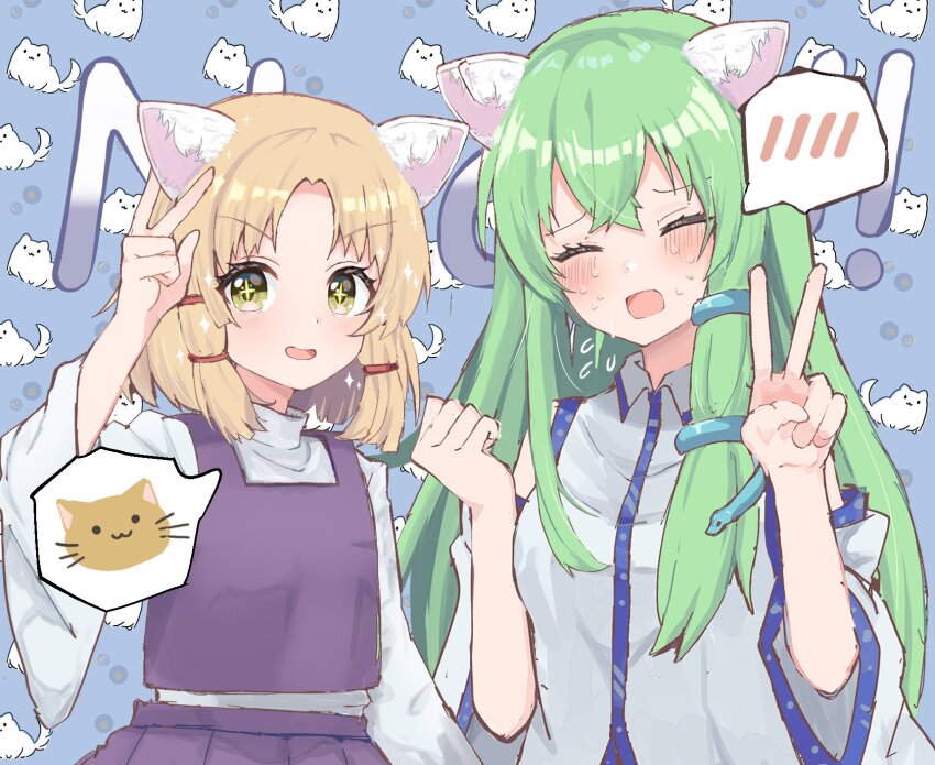 2girls, animal_background, animal_ears, bare_shoulders, blonde_hair, blue_background, blush, cat_ears