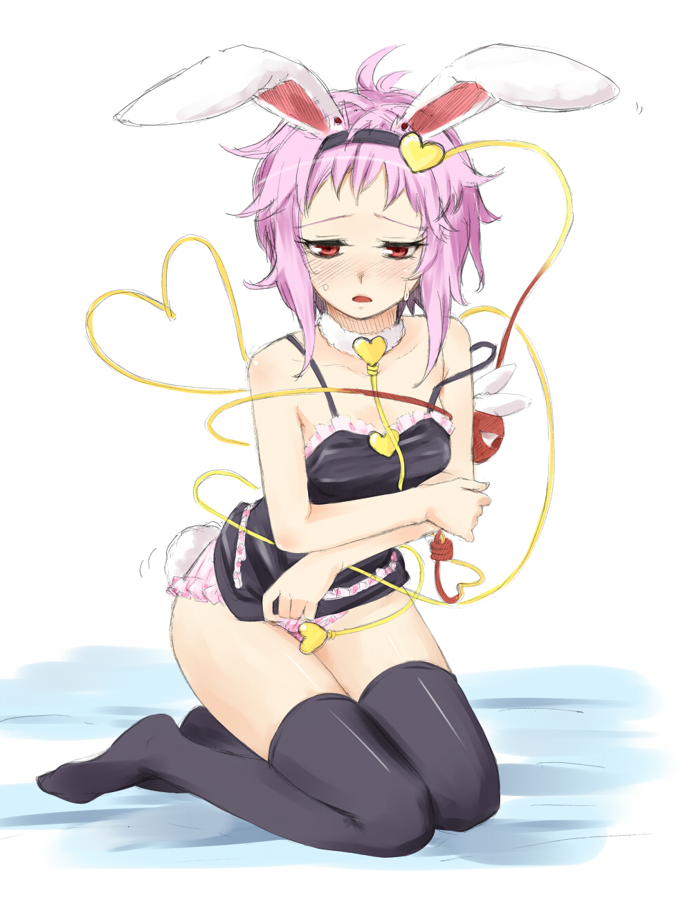 1girl, alternate_costume, animal_ears, bare_shoulders, black_thighhighs, blush, detached_collar, embarrassed