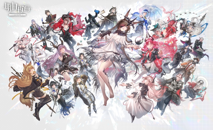 1other, 6+boys, 6+girls, absurdres, adjusting_clothes, adjusting_headwear, amiya_(arknights), amiya_(demon_king)_(arknights)