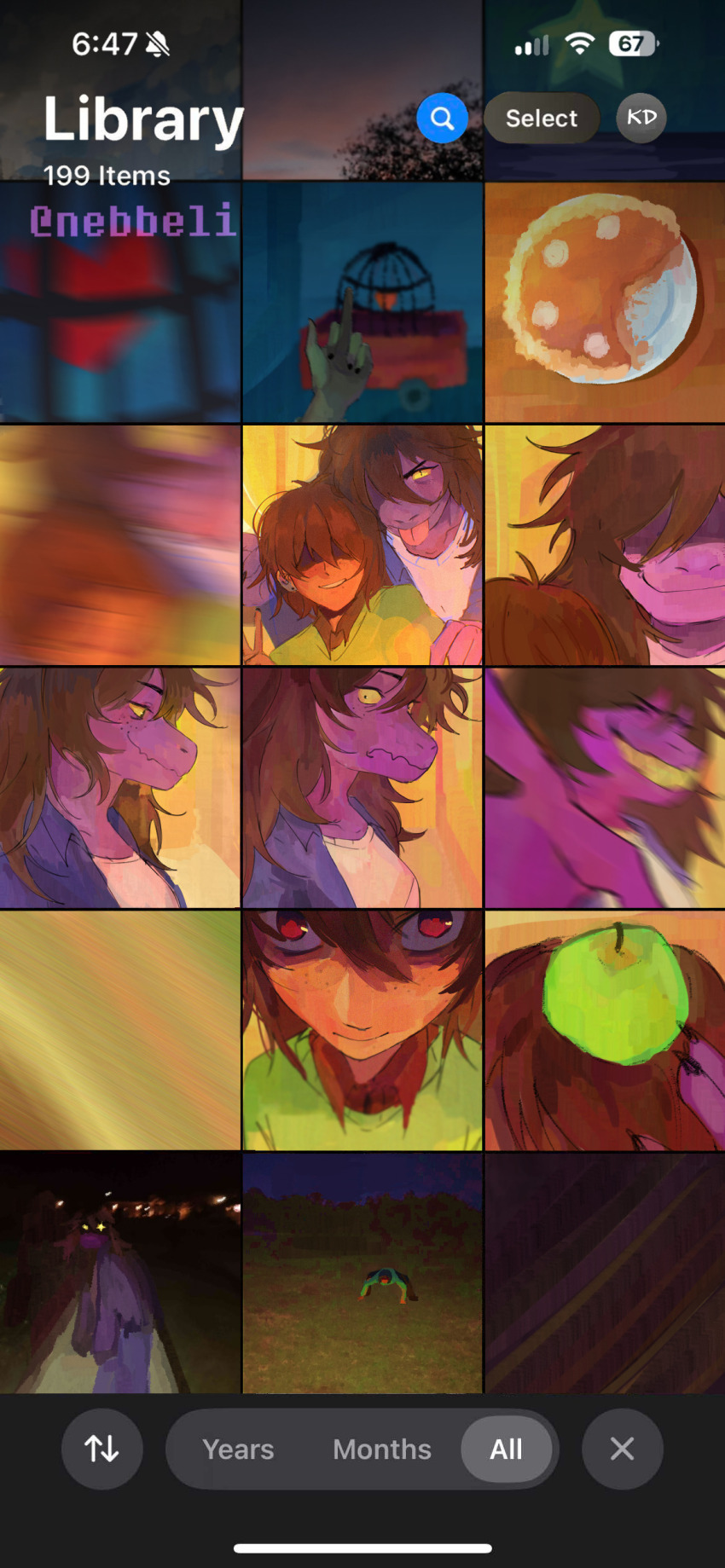 1girl, 1other, absurdres, apple, birdcage, cage, cellphone, colored_skin