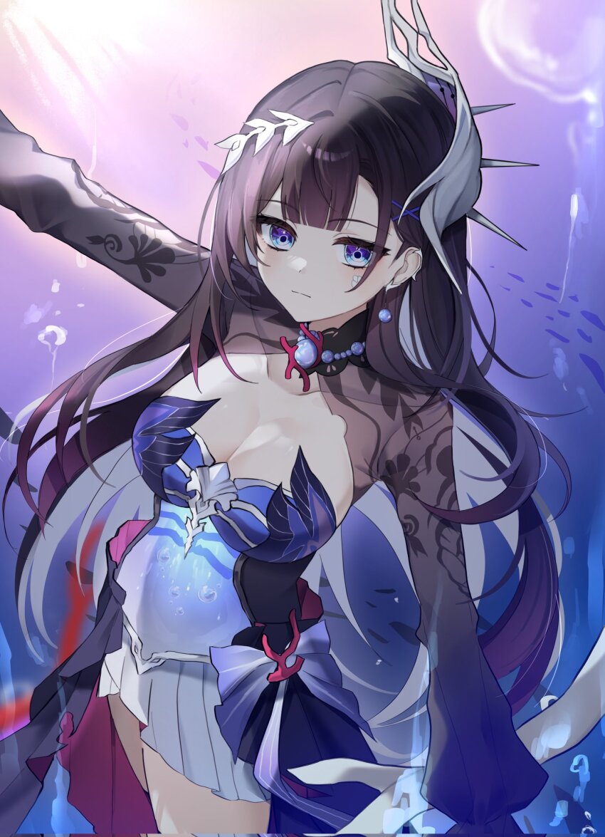 1girl, black_hair, blue_eyes, breasts, cleavage, closed_mouth, corrupted_twitter_file, earrings