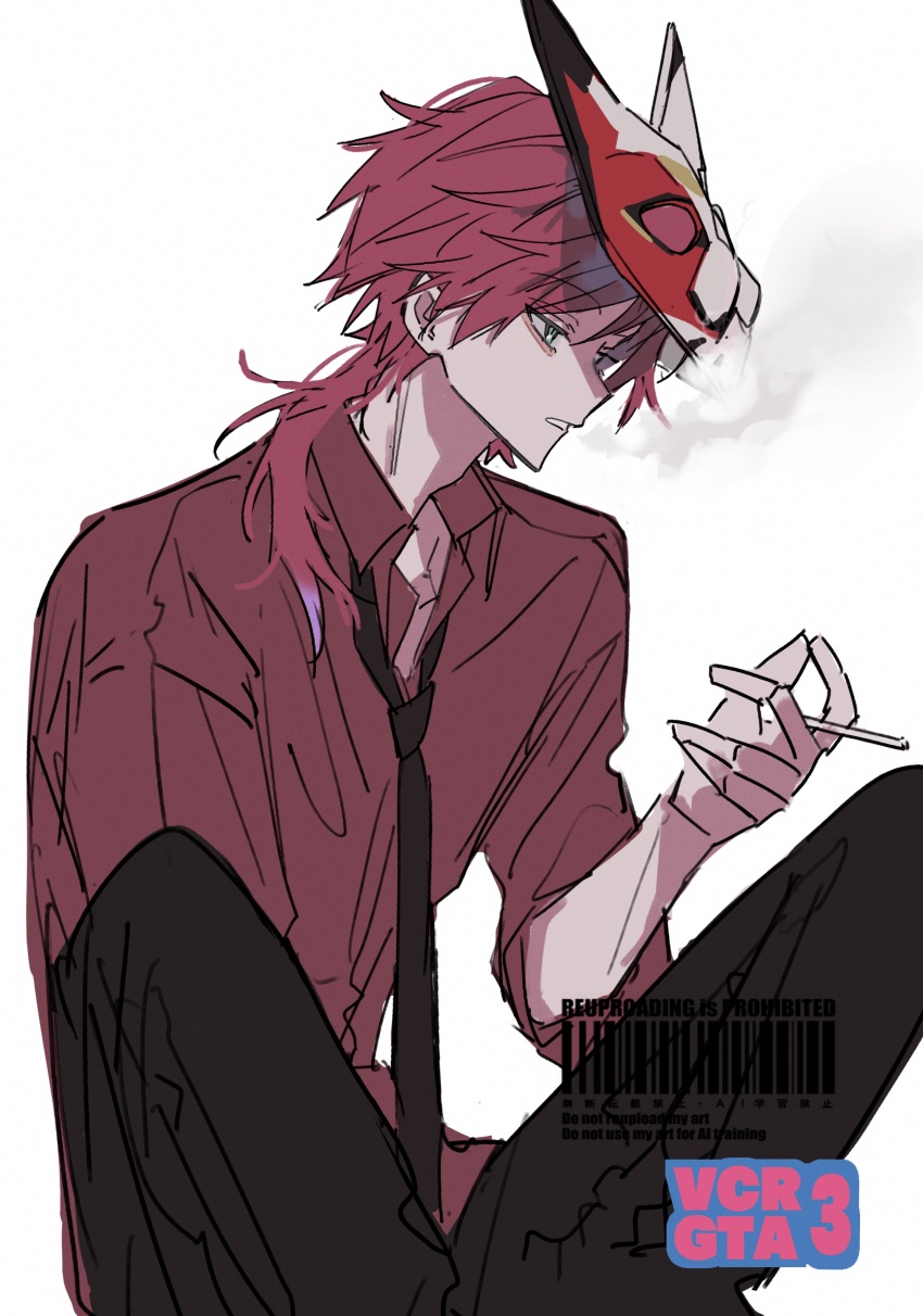 1boy, absurdres, barcode, black_necktie, black_pants, cigarette, collared_shirt, fox_mask